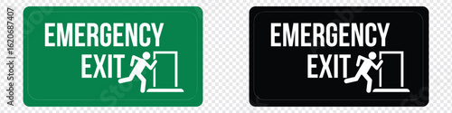 Emergency exit sign set. Man running out fire exit. Running man and exit door sign. Escape help evacuation. Safety vector symbol.