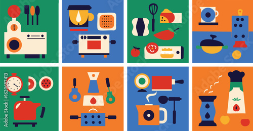 Flat Design Illustration Set of Everyday Kitchen Acts and Household Items