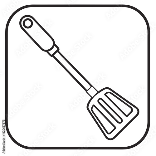 Minimal black and white spatula line art, isolated vector on white background, flat style kitchen tool