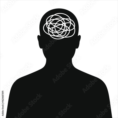 Man Silhouette with Tangled Thoughts: Symbolizing Stress, Anxiety, Mental Health Struggles, Overwhelmed Mind, and Psychological Confusion Icon.