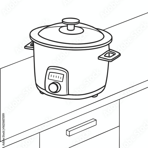 Simple outline vector of a rice cooker placed on a kitchen counter, black line style with minimal details, suitable for user manuals