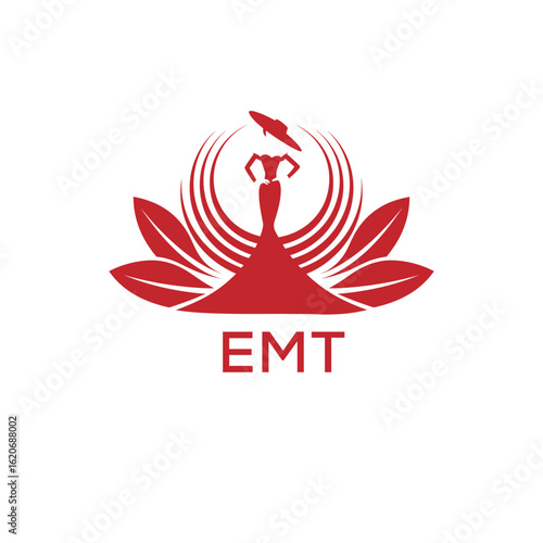 EMT Letter Logo. EMT Fashion Logo with Elegant Woman Silhouette, Hat, and Leaf Motif  Boutique, Beauty, or Event Branding Design.
