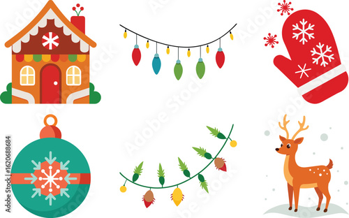 Vector art of assortment of christmas symbols including gingerbread house, lights, mitten, ornament, and reindeer, isolated on transparent background