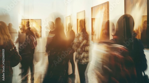 Art gallery exhibition with blurred people viewing paintings