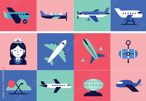 Flat Design Illustration Set Civil Aviation Air Travel Concepts
