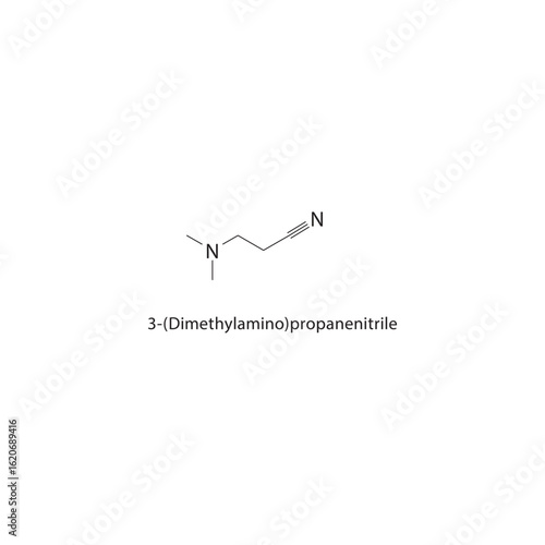 3-(Dimethylamino)-propanenitrile skeletal structure. Aminonitrile compound schematic illustration. Simple diagram, chemical formula.