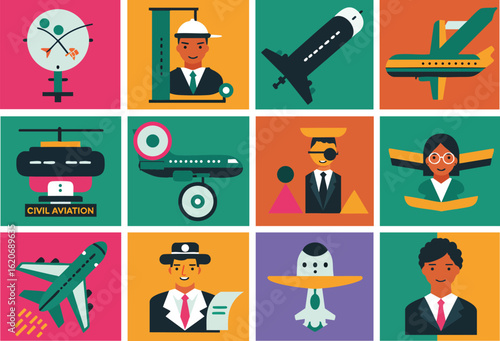 Flat Design Illustration Set Civil Aviation Air Transport Icons