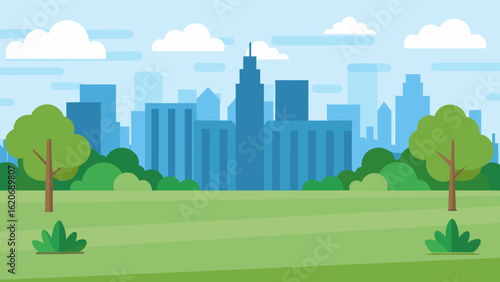 City Park Vector Grassy Field with Urban Buildings 