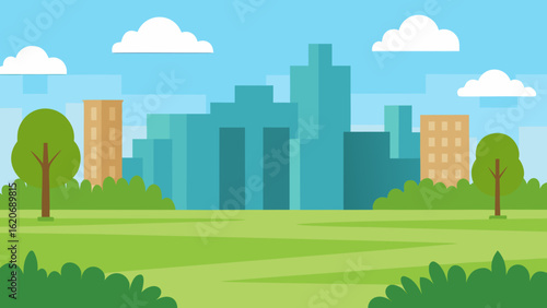 City Park Vector Grassy Field with Urban Buildings 
