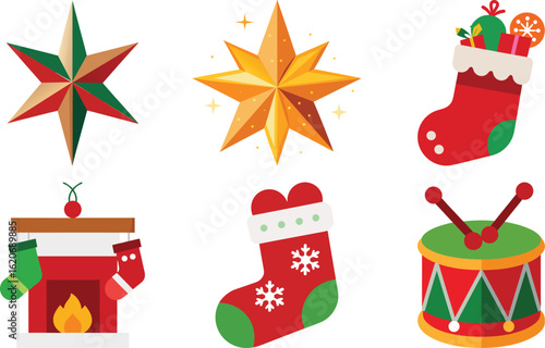 Vector art of assortment of christmas decorations including stars, stockings, a fireplace, and a drum, isolated on transparent background