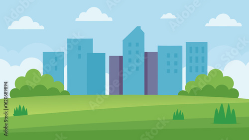 City Park Vector Grassy Field with Urban Buildings 