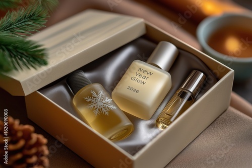Luxury new year glow set with fragrances and oils in elegant gift box for 2026