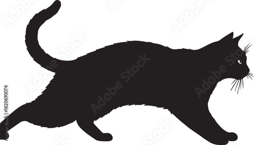 Crouching cat ready to pounce, side view silhouette,  art on white background