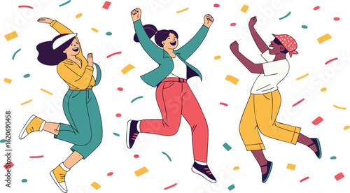Joyful Trio Celebrates: A colorful and energetic illustration of three individuals in vibrant attire joyfully jumping, expressing pure elation with confetti.