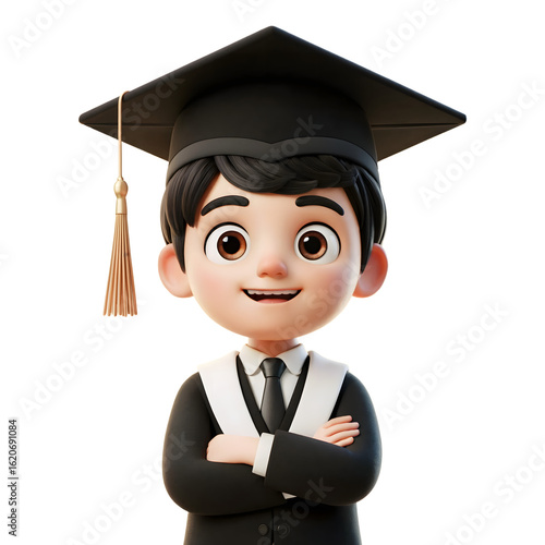 3D cartoon cute boy wearing a graduation cap and gown isolated on transparent background