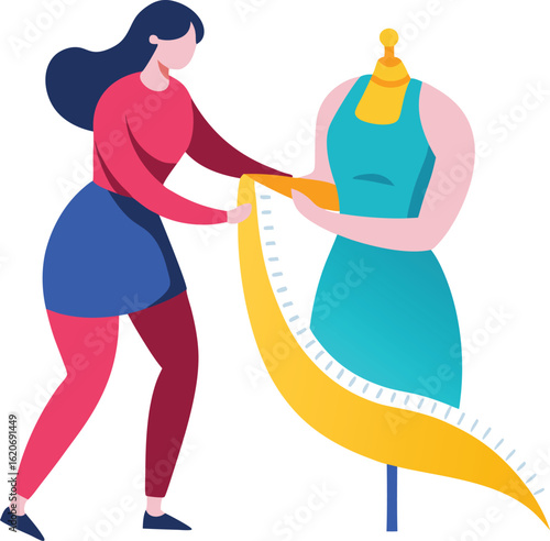 Seamstress measuring fabric for dressmaking isolated on transparent background