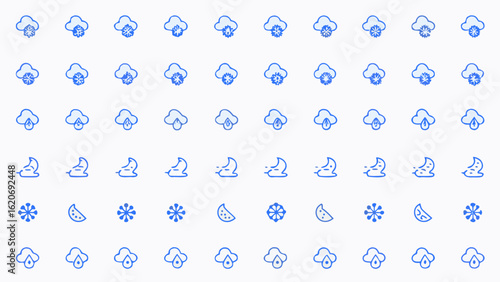 Vector  arrangement of weather icons including snow clouds rain clouds wind and moon phases in blue outline