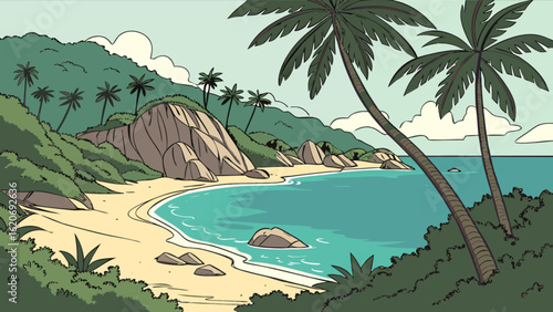 A tropical beach with palm trees and turquoise water, showcasing a serene island paradise with lush vegetation and rocky cliffs under a partly cloudy sky, perfect for a vacation getaway