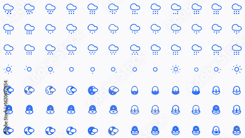 Vector  illustration showing weather icons including rain clouds sun and various other weather related symbols and signs