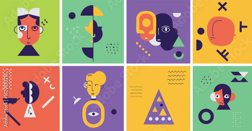 Flat Design Illustration Set Abstract Geometric Human Faces