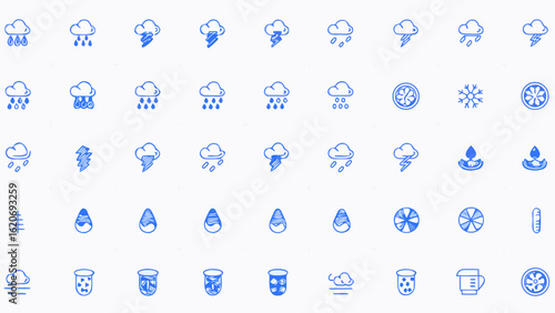 Vector  illustration showing a pattern of weather and liquid related icons in blue on a white background surface