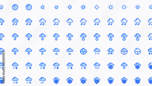 Vector  illustration of various weather icons including sun, clouds, rain, and snow in a grid arrangement