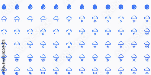 Vector  collection of weather icons featuring rain drops clouds rain snow and lightning in a grid pattern design