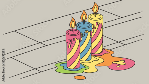 Three colorful candles with melting wax isolated on white background, creating a vibrant and festive image perfect for celebrations or decorative themes