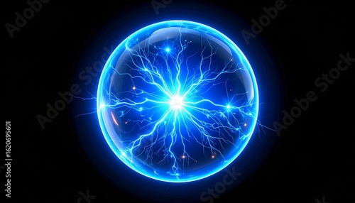 Electric blue plasma orb radiating sparks and energy lines on black background, high-voltage futuristic design