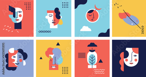 Flat Design Illustration Set Diverse Abstract Human Faces and Portraits