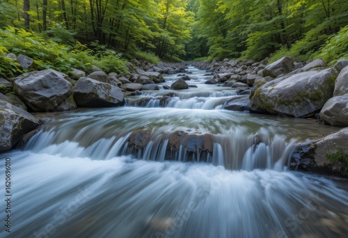 Close up Stream Flowing Over Rocks in Lush Green Landscape
