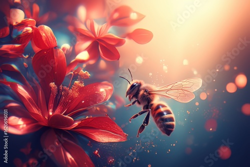Bee Gathering Nectar from Vibrant Red Flower in Beautiful Light