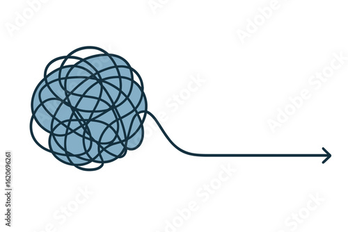 Vector illustration of a tangled blue string unraveling into a straight line