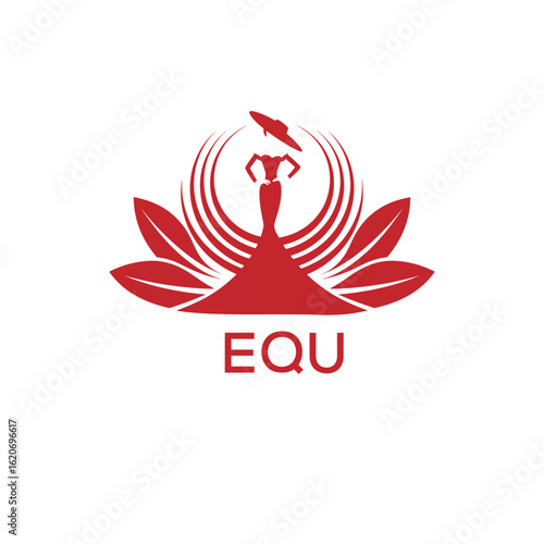 EQU Letter Logo. EQU Fashion Logo with Elegant Woman Silhouette, Hat, and Leaf Motif  Boutique, Beauty, or Event Branding Design.
