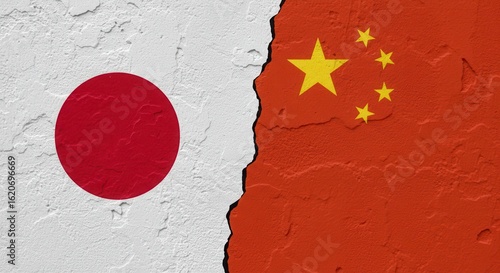 Japan and China Flag Symbolism: A symbolic representation of the Japan and China flags side by side, suggesting the complex relationship and interconnectedness between the two nations.
