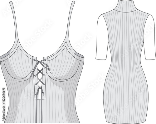 Ribbed knit lace-up bustier and short sleeve bodycon dress technical flat sketch, CAD drawing flat vector illustration, women fashion