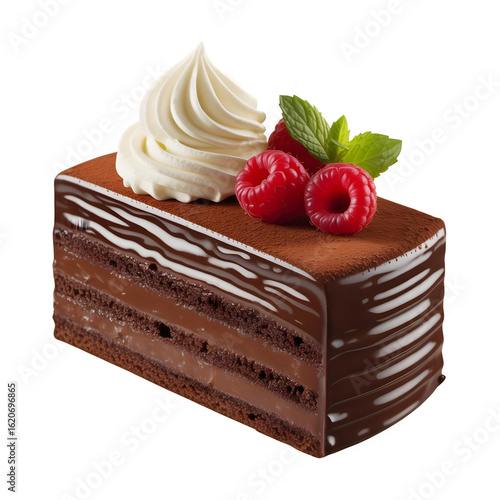 Chocolate Cake Slice with Raspberries and Mint on Whipped Cream