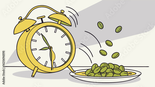 Illustration of a ringing alarm clock next to a plate of coffee beans, symbolizing the morning routine and the need for caffeine to wake up, isolated on white background