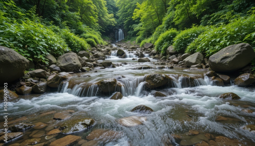 Fototapeta premium Close up Stream Flowing Over Rocks in Lush Green Landscape