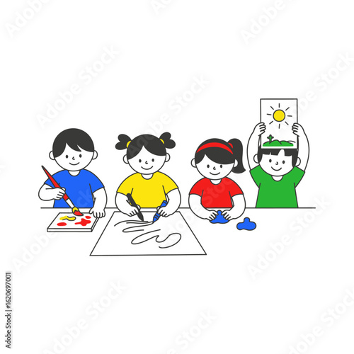 Wallpaper Mural Four children engaged in various art activities, painting, drawing, and sculpting. Torontodigital.ca