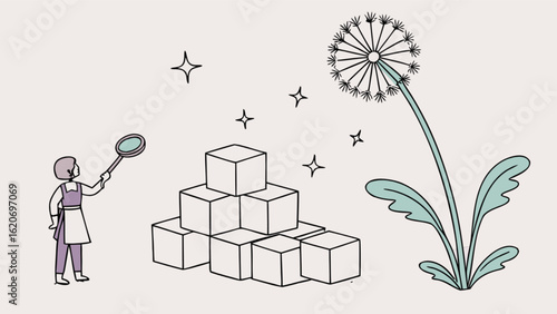 Illustration of a girl holding a dandelion wand, standing next to a stack of cubes and a large dandelion, symbolizing dreams, wishes, and the power of imagination, isolated on white background
