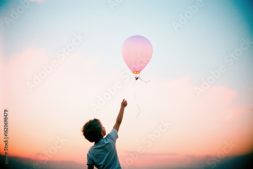A touching silhouette of a child releasing a balloon into the sky, set against a warm pastel background. A symbolic and emotional scene representing childhood, dreams, and letting go.