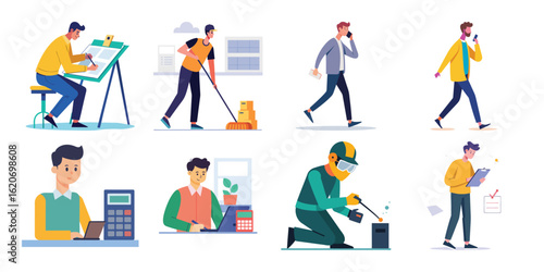 Collection of diverse people engaged in various activities isolated on white background