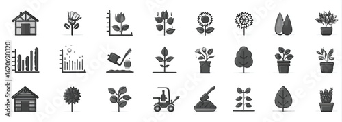 Agriculture and horticulture themed icon set showcasing plants flowers and related tools symbolizing gardening farming and environmental care