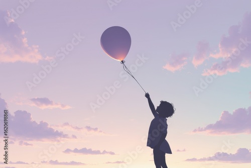 A touching silhouette of a child releasing a balloon into the sky, set against a warm pastel background. A symbolic and emotional scene representing childhood, dreams, and letting go.