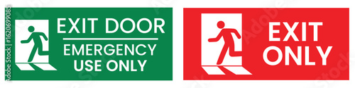 Emergency exit sign set. Man running out fire exit. Running man and exit door sign. Escape help evacuation. Safety vector symbol.