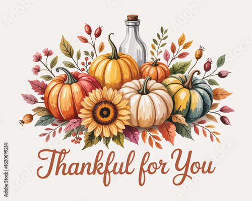 Digital illustration of a beautiful autumn harvest arrangement, featuring pumpkins, colorful fall foliage, sunflower, and berries, with 'Thankful for You' text.