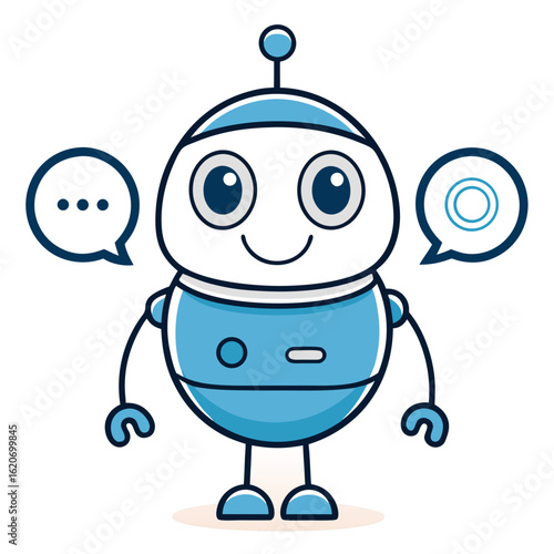 Friendly cartoon robot with speech bubbles communicating ideas and information