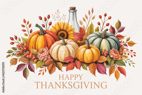 Happy Thanksgiving greeting card illustration with a bountiful harvest arrangement of pumpkins, a sunflower, and colorful autumn leaves.