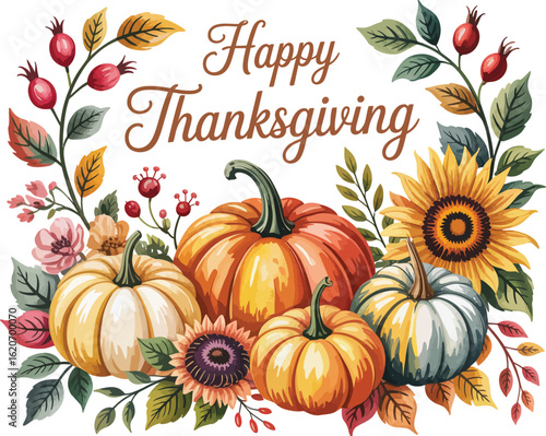 A digital illustration of a festive autumn harvest arrangement with multiple pumpkins, sunflowers, and seasonal foliage.